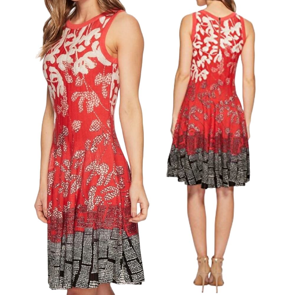 Nic+Zoe Fit & Flare Knit Dress Floral Pattern Sleeveless Coral White Black XSP